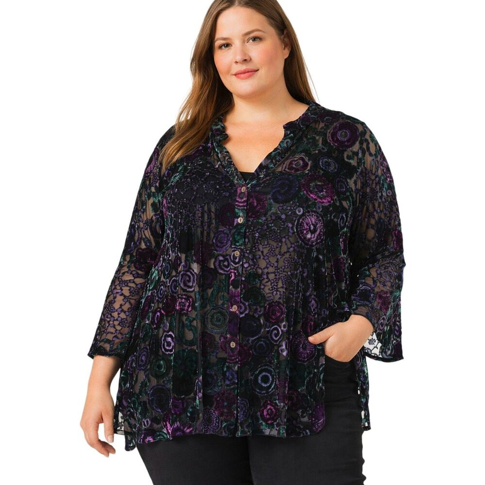 Ruby Rd Purple Velvet Burnout Button Front Tunic Blouse Woman 22W Plus
